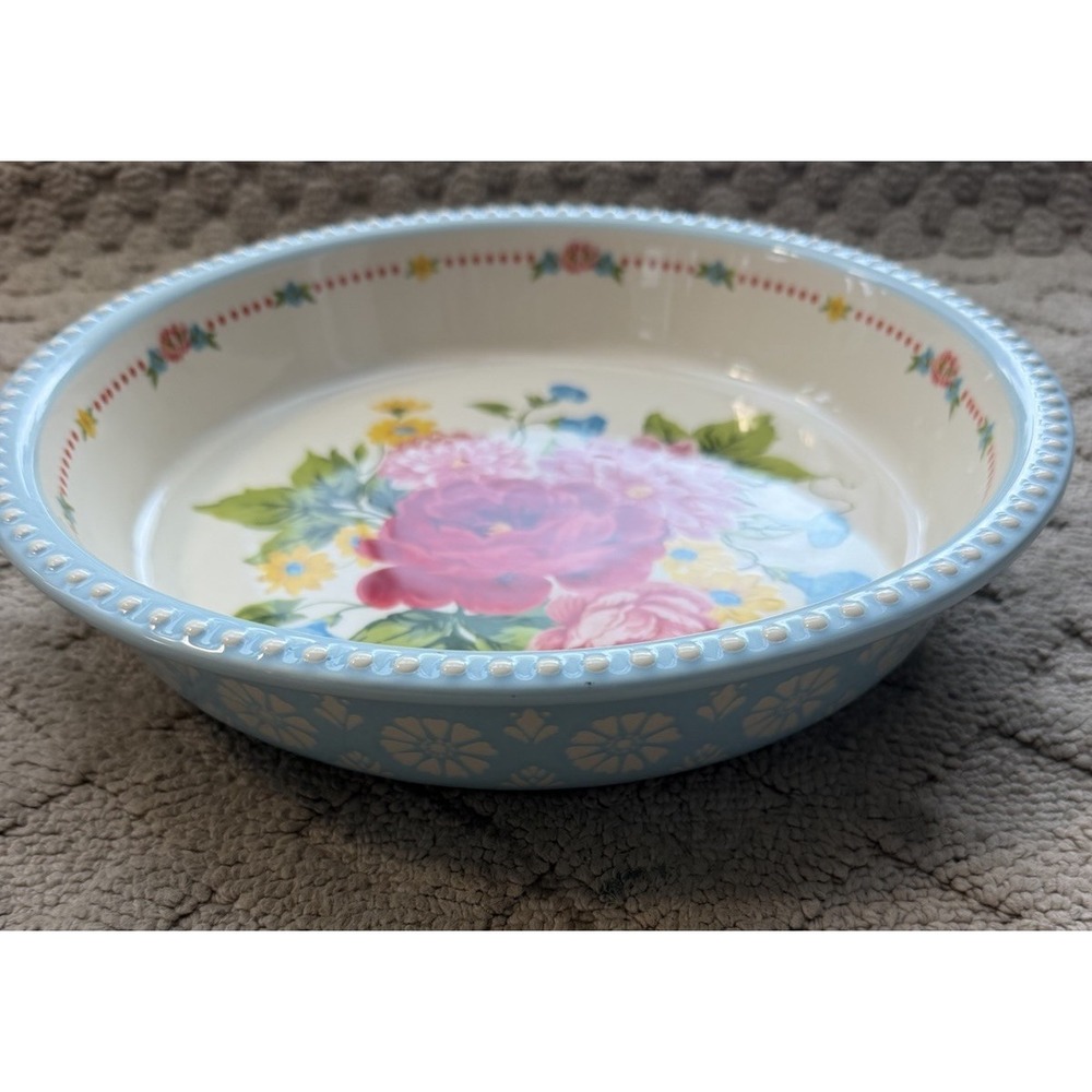 Pioneer Woman Blue Pie Plate Stoneware "Sweet Rose"